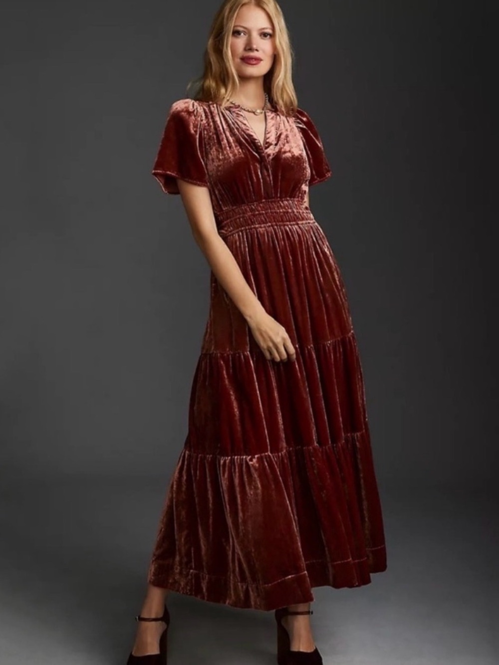 Anthropologie the Somerset Velvet Tiered Maxi Dress size medium Deep Auburn